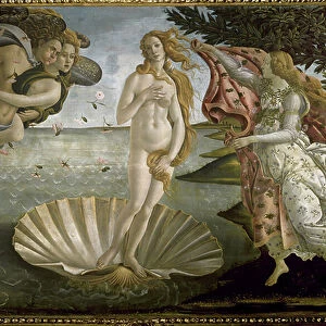 The Birth of Venus. Venus rising from the water on a shell surrounded by Hour, goddess of spring with a mantle to cover her nakedness and by Zephyr, god of wind carrying with him the nymph Aura. Tempera on canvas, 1482-1485