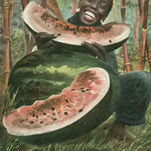 Black man eating a large watermelon (coloured photo)