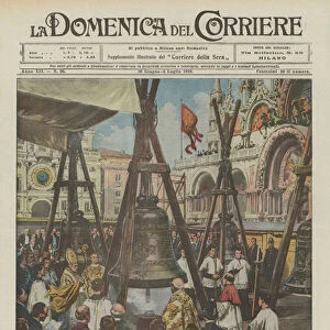 Blessing of the bells given by the Pope for the new St Marks bell tower, still under construction, in Venice (colour litho)
