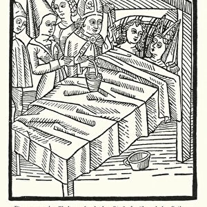 Blessing of the marriage bed by a bishop (woodcut)