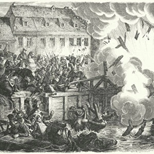 Blowing up of the Elster Bridge, Battle of Leipzig, 1813 (engraving)