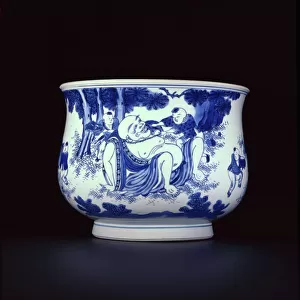Blue and white incense burner painted with Budai and playing boys, Chongzheng, 1630-44 (porcelain)