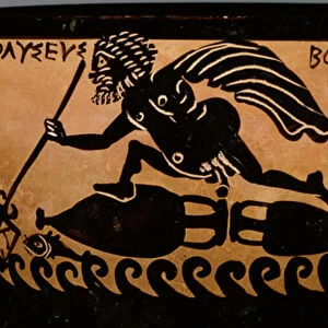 Boeotian black-figure skyphos, decorated with a scene of Odysseus being blown across