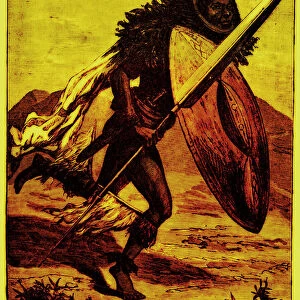 Bongo warrior, illustration from The Story of Man by J. W. Buel, published 1889 (digitally enhanced image)