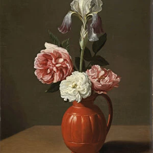 "Bouquet d iris et trois roses dans un pot de faience"
