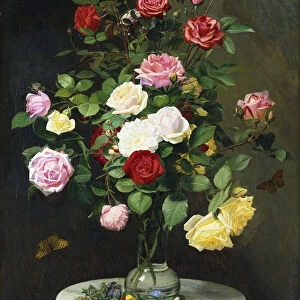 A Bouquet of Roses in a Glass Vase by Wild Flowers on a Marble Table