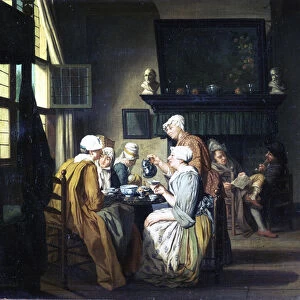 Bourgeois interior with ladies drinking tea, a man reading by the fireplace