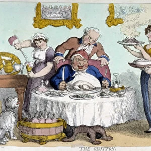 Bourgeois in front of a plethoric meal served by many servants - caricature by Rowlandson
