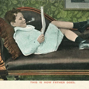 Boy mimicking his father (coloured photo)