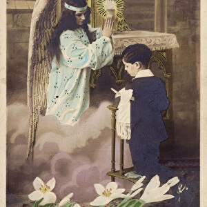 Boy taking first communion, attended to by Guardian Angel (coloured photo)