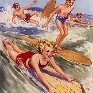 Boys and girls surf boarding (colour litho)