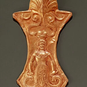 Bridle frontlet, plaque with a representation of a woman with snake legs (gold)