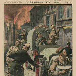 Brigade of arsonists at work, how they methodically set fire to towns, front cover illustration from Le Petit Journal, supplement illustre, 11th October 1914 (colour litho)