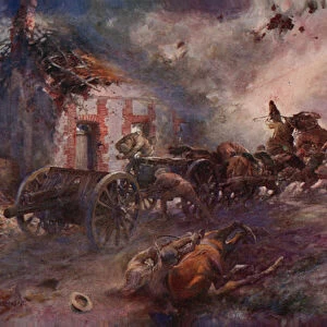 British artillery going into action under fire (colour litho)