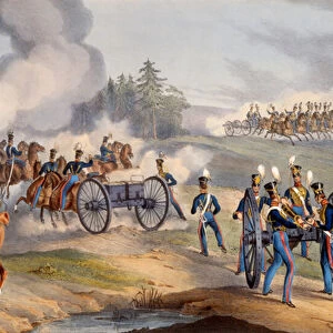 The British Royal Artillery Preparing for Battle, 1835 (colour litho)