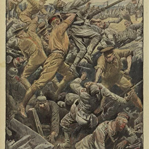 British soldiers in hand to hand combat with Germans on Bastille Day (14 July), Bazentin, France, Battle of the Somme, World War I, 1916 (colour litho)