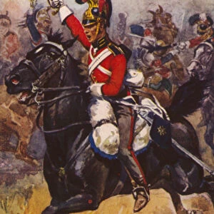 British soldiers of the Life Guards at the Battle of Waterloo, 1815 (colour litho)