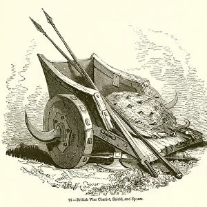 British War Chariot, Shield, and Spears (engraving)