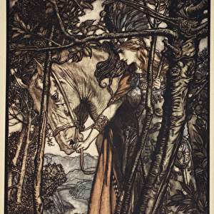 Brunnhilde slowly and silently leads her horse down the path to the cave