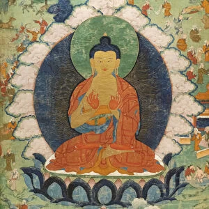 Buddha and three Jakata: Mahakapi, Ruru, Shaabhamiga. Tibet, 18th century