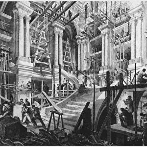 Building of the great staircase, Opera, Paris (engraving)