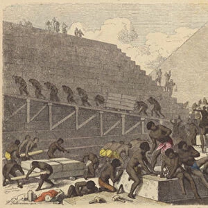 Building of the Pyramids in Ancient Egypt (coloured engraving)