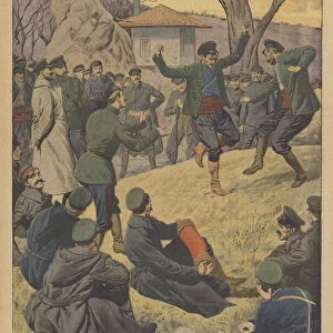 Bulgarian soldiers performing a dance to entertain their comrades during an armistice in the First Balkan War (colour litho)