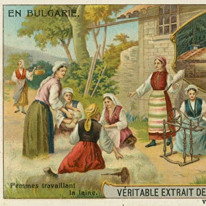Bulgarian women spinning wool and a fulling mill (chromolitho)