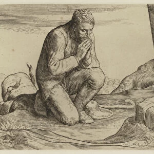 Bunyans Pilgrims Progress: Christian loses his Burden (etching)