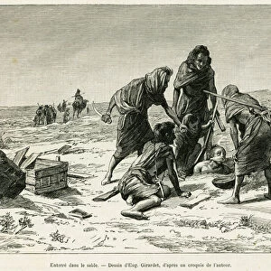 Bury in the sand. Engraving by Eugene Girardet, to illustrate the story Five months in