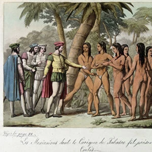 The Cacique de Tabasco offers young Mexican girls to Hernan (or Hernando) Cortes or Fernand Cortez (1485-1547) - in "The Old and Modern Costume"by Dr. Jules Ferrario, 1819-1820 ed. Milan