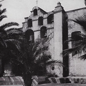 California: Bells of Mission San Gabriel, founded 1771, on the slopes of poppy-clad foothills near Pasadena (b / w photo)