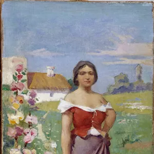 Camargaise a jug Young woman clothed with a gypsy in a field. Painting by Adrien Henri Tanoux (1865-1923) 20th century Mandatory mention: Collection fondation regards de Provence, Marseille