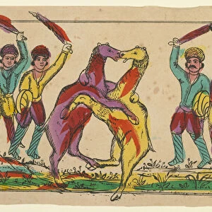 Camel fight, late 19th century (hand-coloured litho)