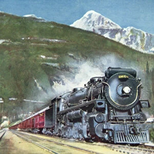 Canadian Pacific Railway at the foot of the Rocky Mountains, 1935 (colour litho)