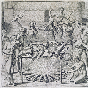 Cannibal Feast, engraved by Theodor de Bry (1528-98) (engraving)