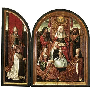 A Canon with St. Livinus (left wing), The Family of St. Anne (centre panel), Donor with St. Elizabeth (right wing), The Annunciation (closed) c. 1500-10 (oil on panel)
