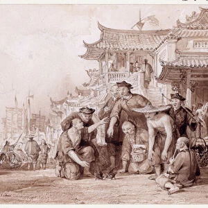 Canton Bargemen Fighting Quails, 1843 (ink & pencil on paper)