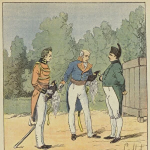Un capitaine anglais presente un lieutenant a Napoleon (colour litho)