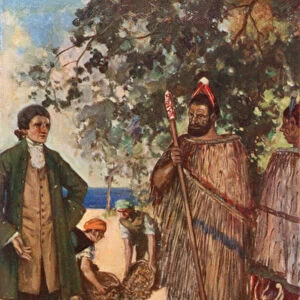 Captain Cook Presents the Natives with some Sheep and Goats (colour litho)