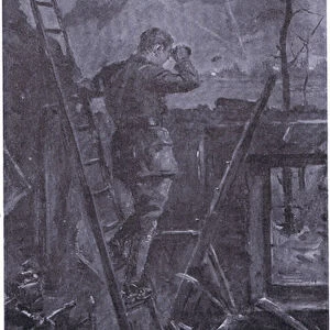 Captain Sturges observing for his battery from a house within 400 yards of hostile lines at Neuve Chapelle May 1915 (litho)