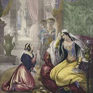 The captive Hebrew maid that waited on Naamans wife (coloured engraving)