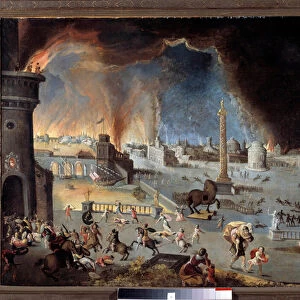 The capture of Trojan Scene of the Trojan War, the city is devasted by the Greeks penetrated into the city thanks to the horse. Painting by Jean Maublanc (1582-1628). 17th century