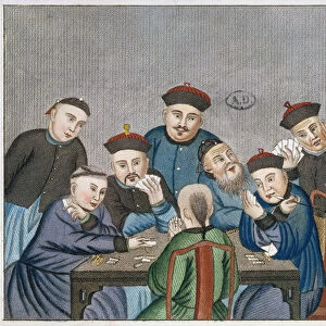Card players in China, early nineteenth century (colour litho)