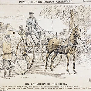 Cartoon about the coming of bicycles and motorised transport and the consequent end