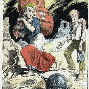 Cartoon depicting a Marianne, symbolizing the French Republic, carrying the heavy bags of the budget, the ball of debt at the foot, ignoring an old man asking her for money for his retirement - drawing by Lemot pulls from ""