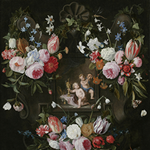 A Cartouche Still Life of Flowers Around an Allegorical Image of Putti with Costly