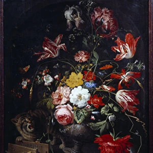 Cat knocking down a flower vase. Painting by Abraham Mignon (1640-1679) ec