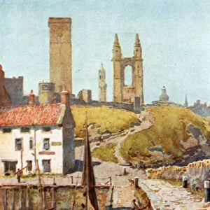 Cathedral Ruins, St. Andrews, From the Harbour (colour litho)