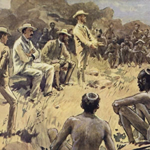 Cecil Rhodes in council with the Matabele chiefs (colour litho)